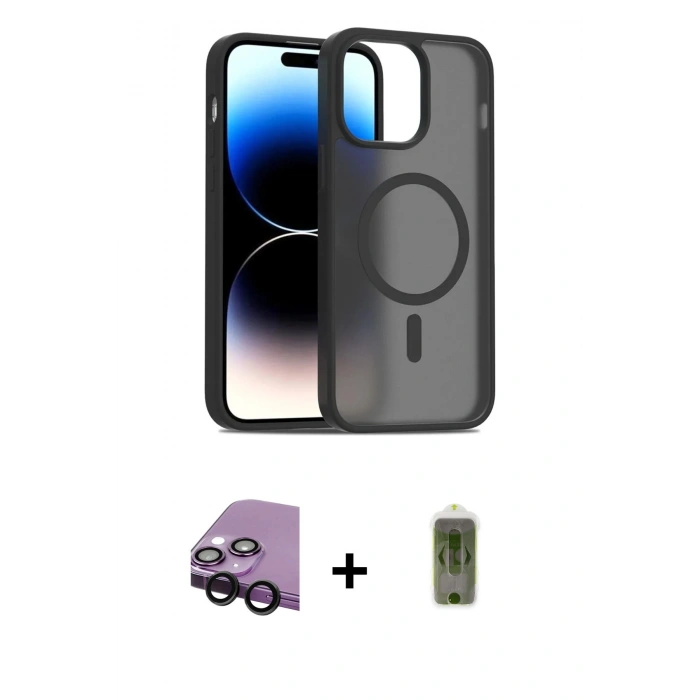 MARSİLYAN™- iPhone 14 Kılıf Siluet Minimal Prime - Siyah Joko Magic 5D Hayalet Cam + Raze Metal Kamera Lens - SH