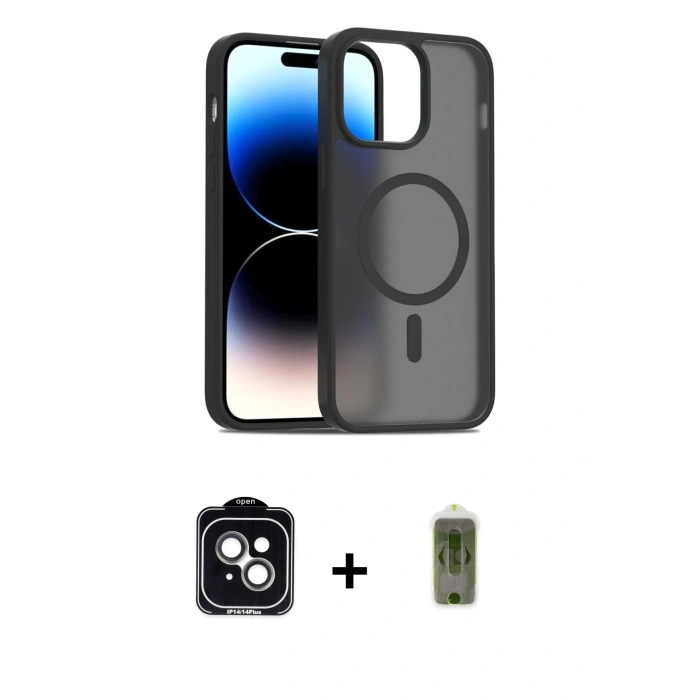 MARSİLYAN™- iPhone 14 Kılıf Siluet Minimal Prime - Siyah Joko Magic 5D Hayalet Cam + PVD Metal Kamera Lens - YL