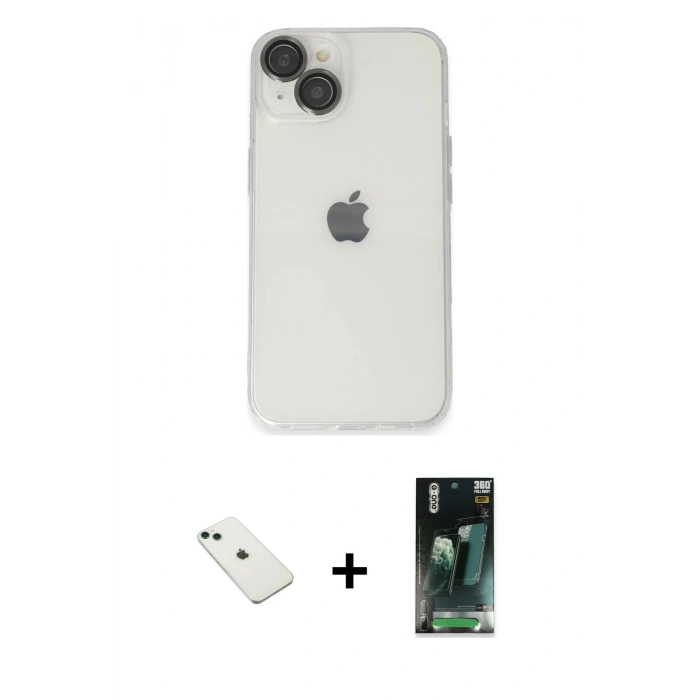 MARSİLYAN™- iPhone 14 Kılıf Ufuk Minimal Özel Seri - Şeffaf 360 Full Body Arka Koruyucu + Diamond Kamera Lens - YL