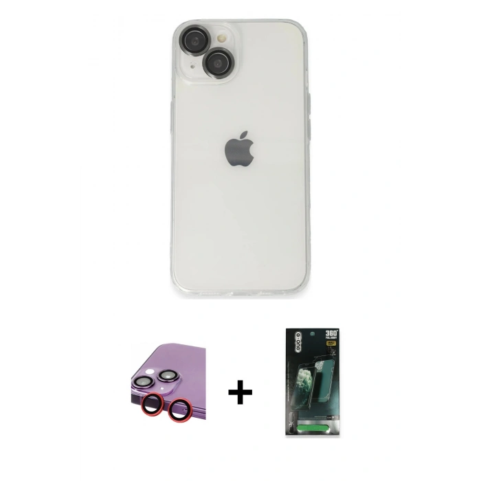 MARSİLYAN™- iPhone 14 Kılıf Ufuk Minimal Özel Seri - Şeffaf 360 Full Body Arka Koruyucu + Raze Metal Kamera Lens - KI