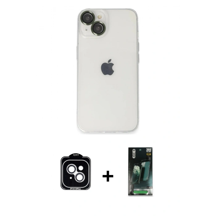 MARSİLYAN™- iPhone 14 Kılıf Ufuk Minimal Özel Seri - Şeffaf 360 Full Body Arka Koruyucu + PVD Metal Kamera Lens - GS