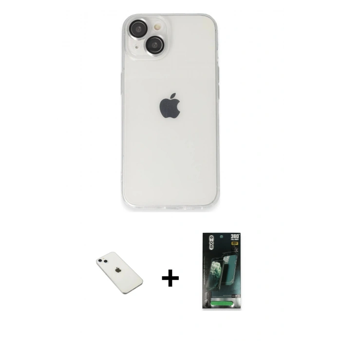 MARSİLYAN™- iPhone 14 Kılıf Ufuk Minimal Özel Seri - Şeffaf 360 Full Body Arka Koruyucu + Diamond Kamera Lens - SABE