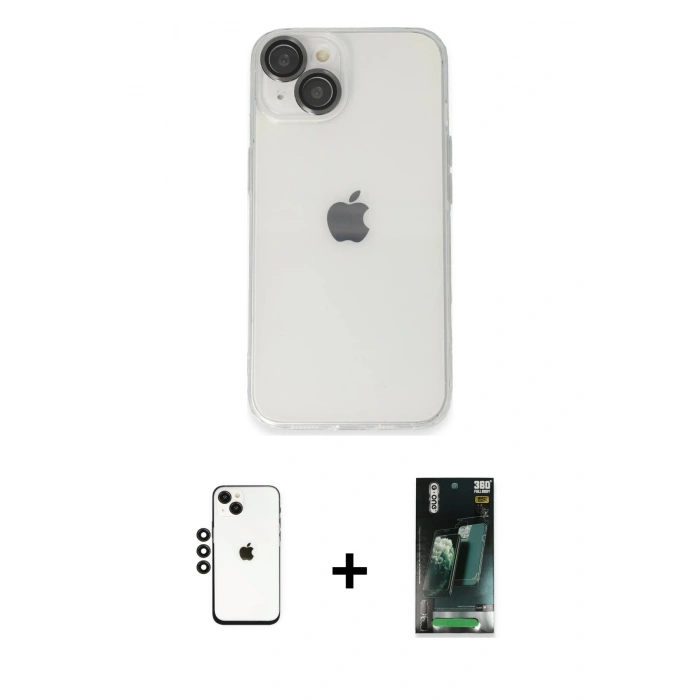 MARSİLYAN™- iPhone 14 Kılıf Ufuk Minimal Özel Seri - Şeffaf 360 Full Body Arka Koruyucu + Shine Kamera Lens - SH