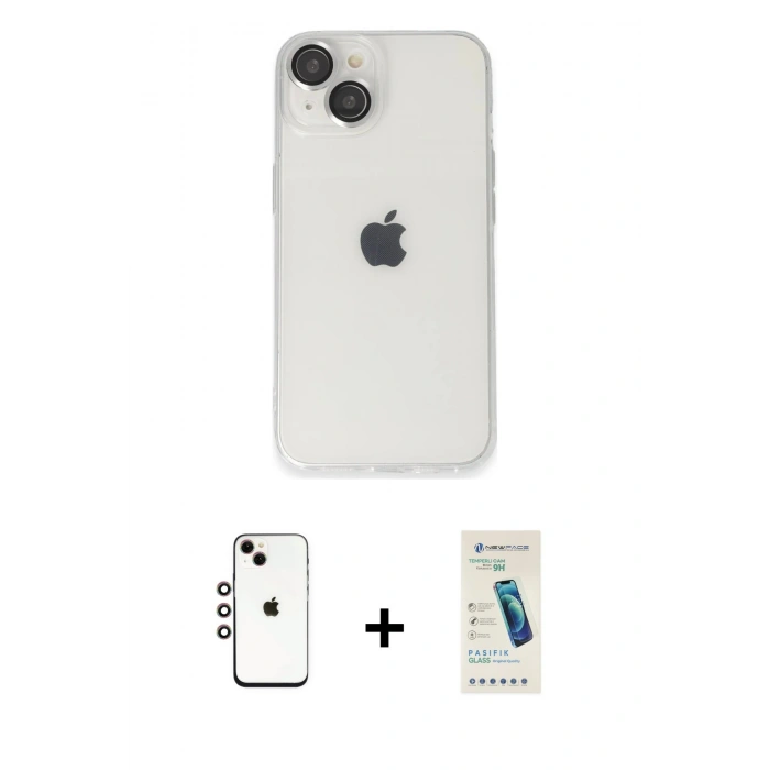 MARSİLYAN™- iPhone 14 Kılıf Ufuk Minimal Özel Seri - Şeffaf Pasifik Cam Ekran Koruyucu + Shine Kamera Lens - GI