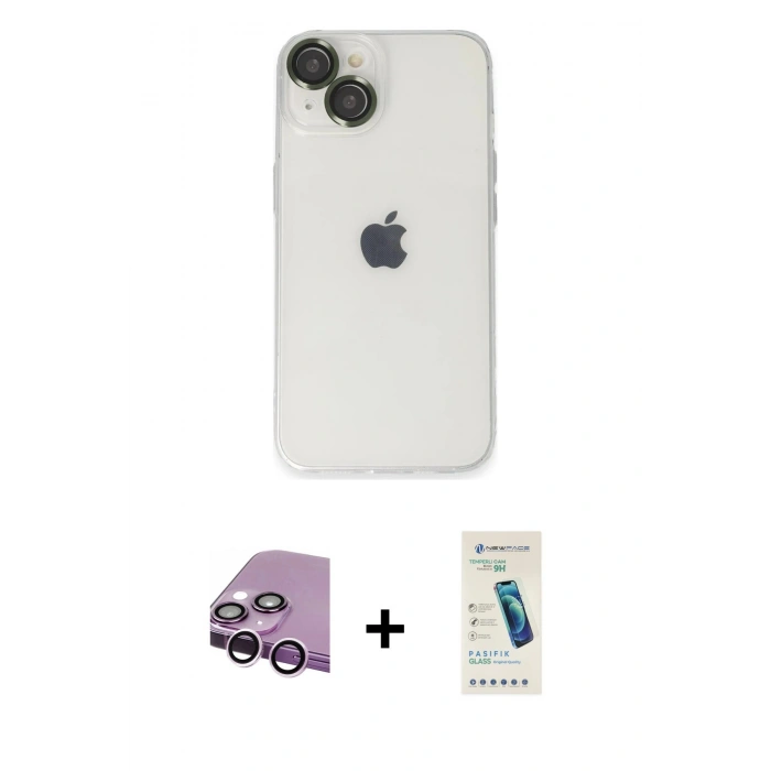 MARSİLYAN™- iPhone 14 Kılıf Ufuk Minimal Özel Seri - Şeffaf Pasifik Cam Ekran Koruyucu + Raze Metal Kamera Lens - MR
