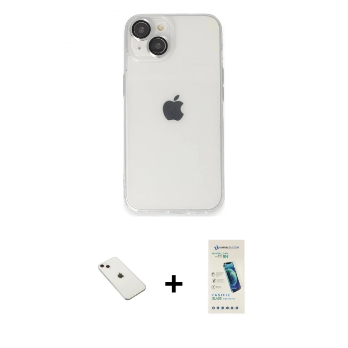 MARSİLYAN™- iPhone 14 Kılıf Ufuk Minimal Özel Seri - Şeffaf Pasifik Cam Ekran Koruyucu + Diamond Kamera Lens - PE