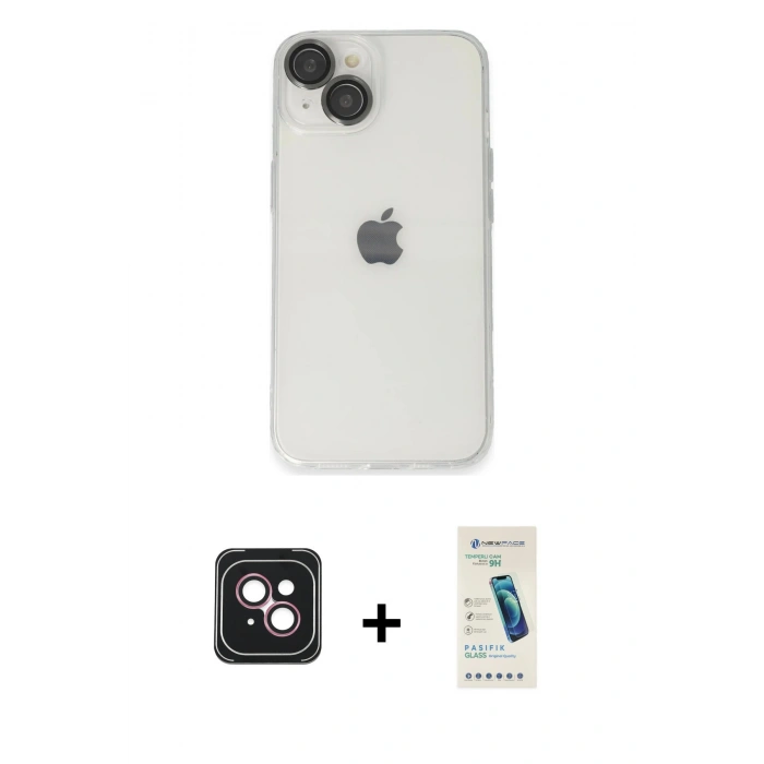 MARSİLYAN™- iPhone 14 Kılıf Ufuk Minimal Özel Seri - Şeffaf Pasifik Cam Ekran Koruyucu + PVD Metal Kamera Lens - PE
