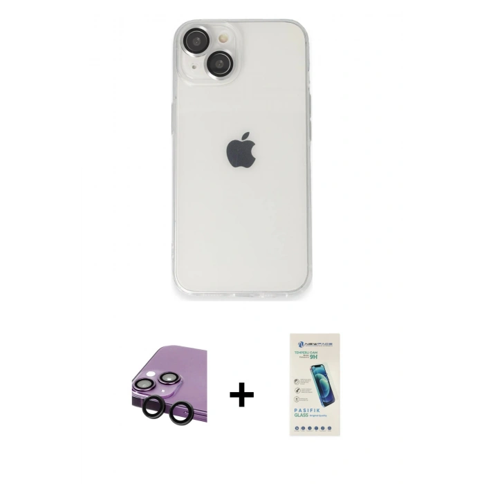 MARSİLYAN™- iPhone 14 Kılıf Ufuk Minimal Özel Seri - Şeffaf Pasifik Cam Ekran Koruyucu + Raze Metal Kamera Lens - SH