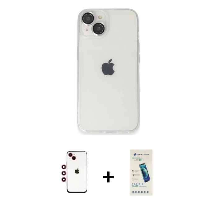 MARSİLYAN™- iPhone 14 Kılıf Ufuk Minimal Özel Seri - Şeffaf Pasifik Cam Ekran Koruyucu + Shine Kamera Lens - KI