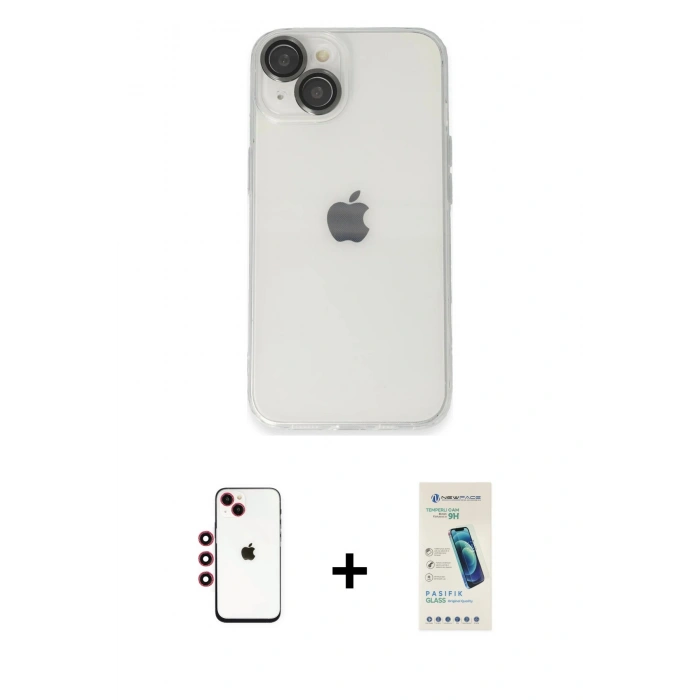 MARSİLYAN™- iPhone 14 Kılıf Ufuk Minimal Özel Seri - Şeffaf Pasifik Cam Ekran Koruyucu + Shine Kamera Lens - KI