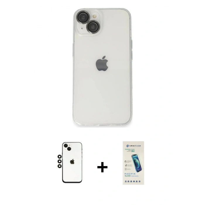 MARSİLYAN™- iPhone 14 Kılıf Ufuk Minimal Özel Seri - Şeffaf Pasifik Cam Ekran Koruyucu + Shine Kamera Lens - SH