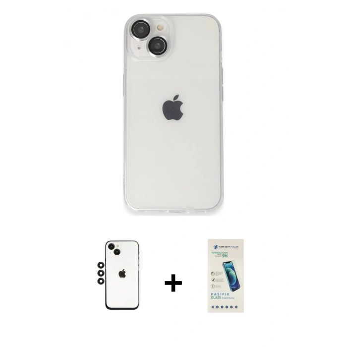 MARSİLYAN™- iPhone 14 Kılıf Ufuk Minimal Özel Seri - Şeffaf Pasifik Cam Ekran Koruyucu + Shine Kamera Lens - SH