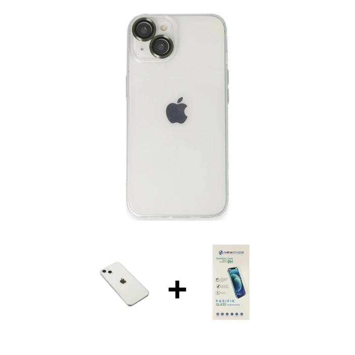 MARSİLYAN™- iPhone 14 Kılıf Ufuk Minimal Özel Seri - Şeffaf Pasifik Cam Ekran Koruyucu + Diamond Kamera Lens - SABE