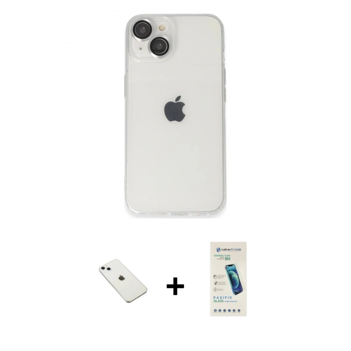 MARSİLYAN™- iPhone 14 Kılıf Ufuk Minimal Özel Seri - Şeffaf Pasifik Cam Ekran Koruyucu + Diamond Kamera Lens - SABE