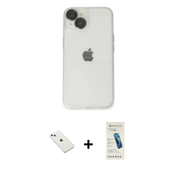 MARSİLYAN™- iPhone 14 Kılıf Ufuk Minimal Özel Seri - Şeffaf Pasifik Cam Ekran Koruyucu + Diamond Kamera Lens - SABE