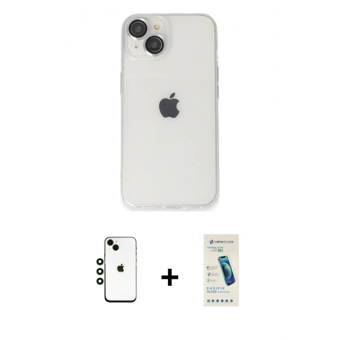 MARSİLYAN™- iPhone 14 Kılıf Ufuk Minimal Özel Seri - Şeffaf Pasifik Cam Ekran Koruyucu + Shine Kamera Lens - YL