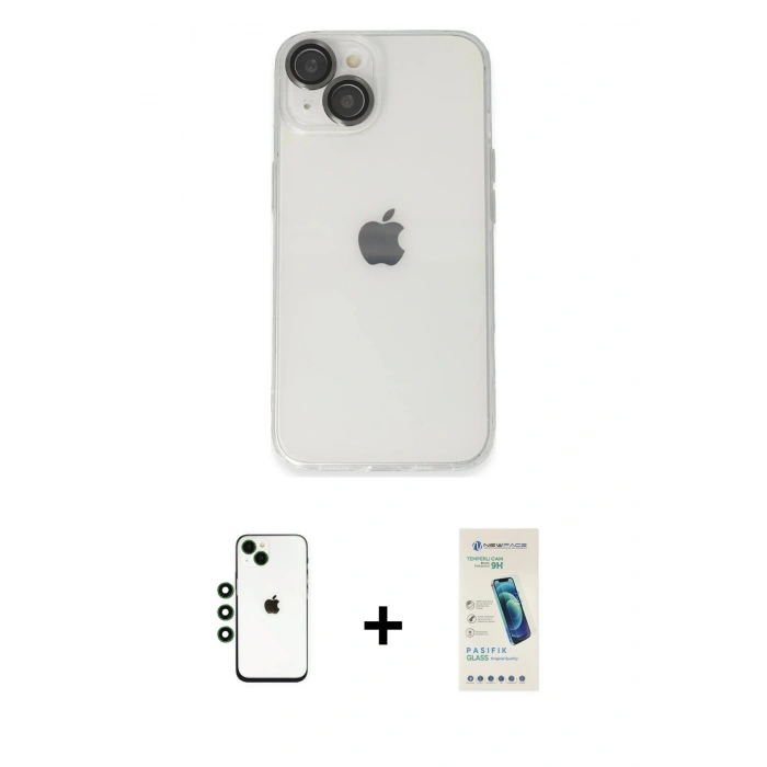 MARSİLYAN™- iPhone 14 Kılıf Ufuk Minimal Özel Seri - Şeffaf Pasifik Cam Ekran Koruyucu + Shine Kamera Lens - YL