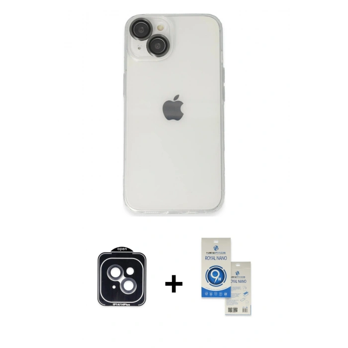 MARSİLYAN™- iPhone 14 Kılıf Ufuk Minimal Özel Seri - Şeffaf Royal Nano Ekran Koruyucu + PVD Metal Kamera Lens - SH