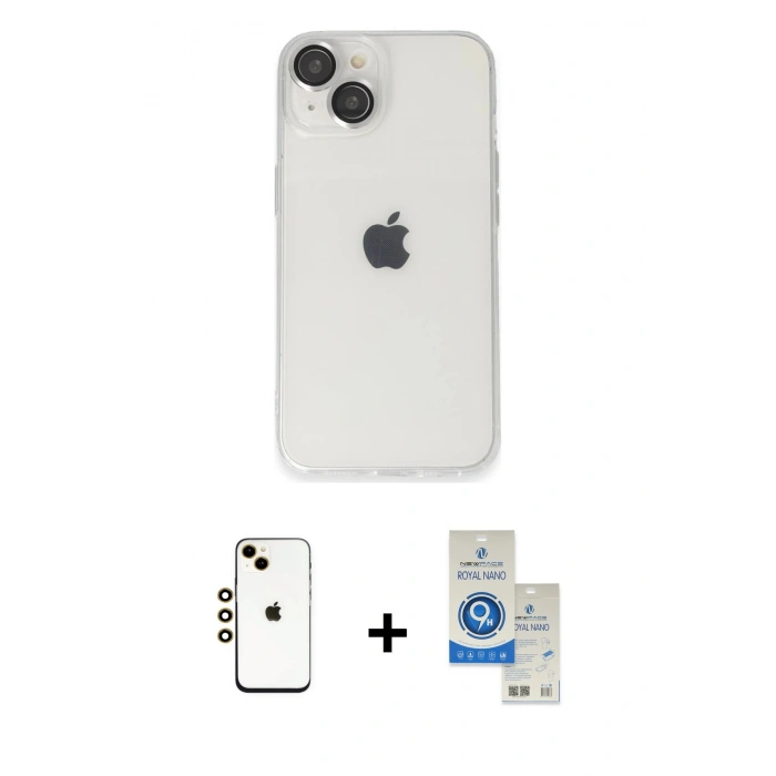 MARSİLYAN™- iPhone 14 Kılıf Ufuk Minimal Özel Seri - Şeffaf Royal Nano Ekran Koruyucu + Shine Kamera Lens - GD