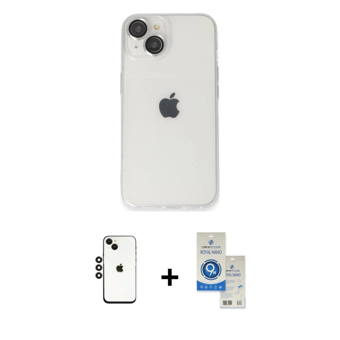 MARSİLYAN™- iPhone 14 Kılıf Ufuk Minimal Özel Seri - Şeffaf Royal Nano Ekran Koruyucu + Shine Kamera Lens - SH