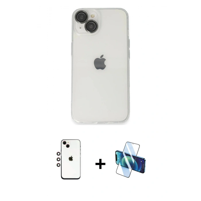 MARSİLYAN™- iPhone 14 Kılıf Ufuk Minimal Özel Seri - Siyah 3D Antistatik Cam Ekran Koruyucu + Shine Kamera Lens - GI