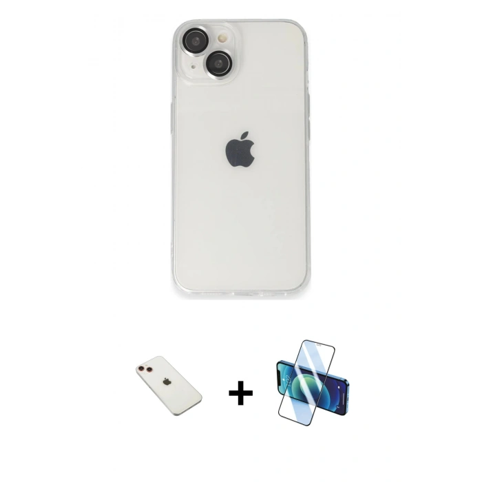 MARSİLYAN™- iPhone 14 Kılıf Ufuk Minimal Özel Seri - Siyah 3D Antistatik Cam Ekran Koruyucu + Diamond Kamera Lens - KI
