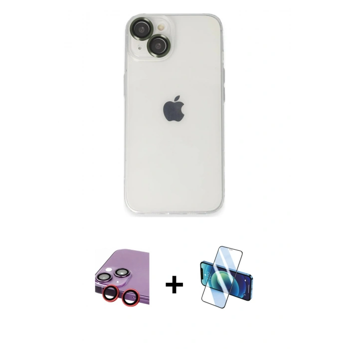 MARSİLYAN™- iPhone 14 Kılıf Ufuk Minimal Özel Seri - Siyah 3D Antistatik Cam Ekran Koruyucu + Raze Metal Kamera Lens - KI