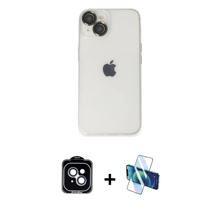MARSİLYAN™- iPhone 14 Kılıf Ufuk Minimal Özel Seri - Siyah 3D Antistatik Cam Ekran Koruyucu + PVD Metal Kamera Lens - MI