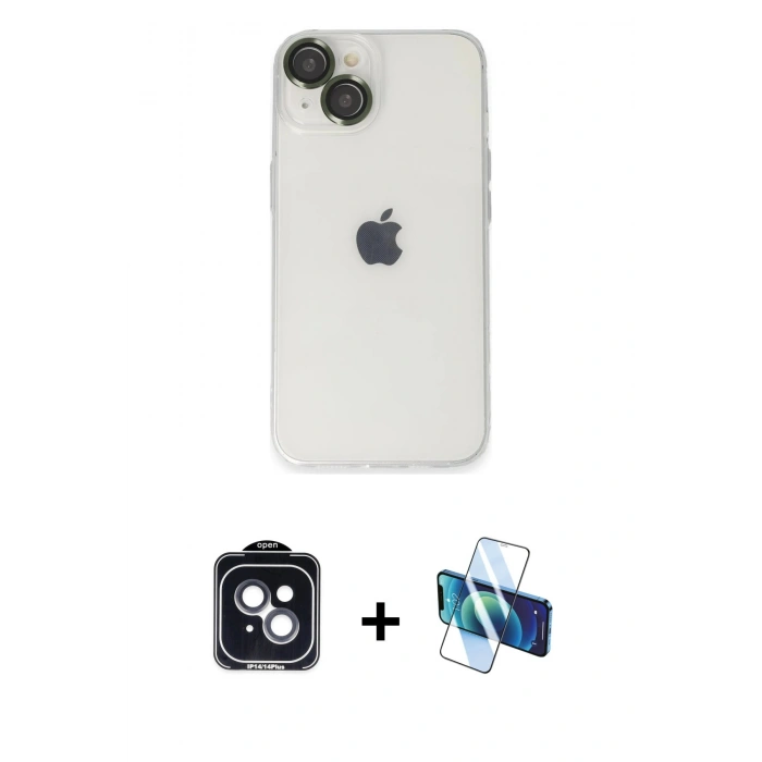 MARSİLYAN™- iPhone 14 Kılıf Ufuk Minimal Özel Seri - Siyah 3D Antistatik Cam Ekran Koruyucu + PVD Metal Kamera Lens - SH