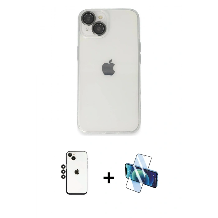MARSİLYAN™- iPhone 14 Kılıf Ufuk Minimal Özel Seri - Siyah 3D Antistatik Cam Ekran Koruyucu + Shine Kamera Lens - SH