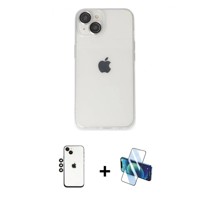 MARSİLYAN™- iPhone 14 Kılıf Ufuk Minimal Özel Seri - Siyah 3D Antistatik Cam Ekran Koruyucu + Shine Kamera Lens - SH