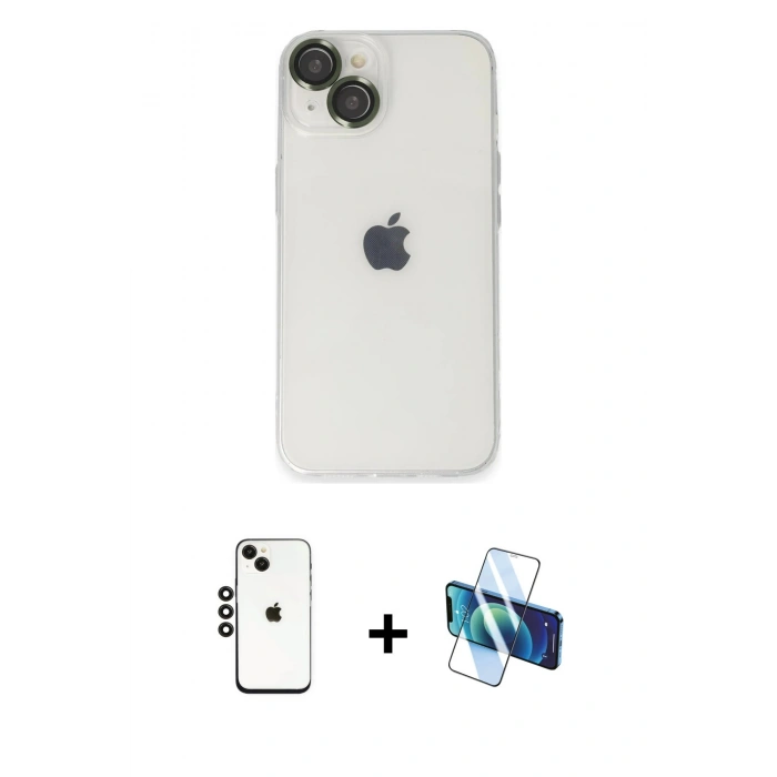 MARSİLYAN™- iPhone 14 Kılıf Ufuk Minimal Özel Seri - Siyah 3D Antistatik Cam Ekran Koruyucu + Shine Kamera Lens - SH