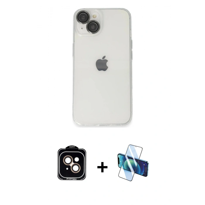 MARSİLYAN™- iPhone 14 Kılıf Ufuk Minimal Özel Seri - Siyah 3D Antistatik Cam Ekran Koruyucu + PVD Metal Kamera Lens - TU