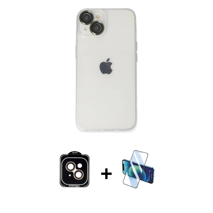 MARSİLYAN™- iPhone 14 Kılıf Ufuk Minimal Özel Seri - Siyah 3D Antistatik Cam Ekran Koruyucu + PVD Metal Kamera Lens - TU