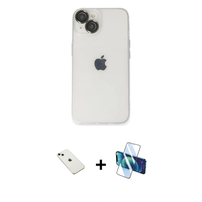 MARSİLYAN™- iPhone 14 Kılıf Ufuk Minimal Özel Seri - Siyah 3D Antistatik Cam Ekran Koruyucu + Diamond Kamera Lens - YL