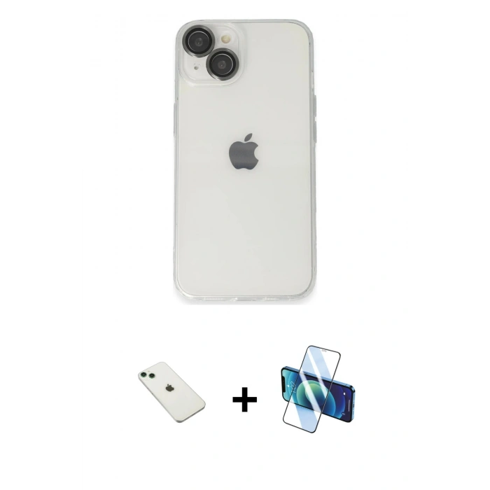 MARSİLYAN™- iPhone 14 Kılıf Ufuk Minimal Özel Seri - Siyah 3D Antistatik Cam Ekran Koruyucu + Diamond Kamera Lens - YL