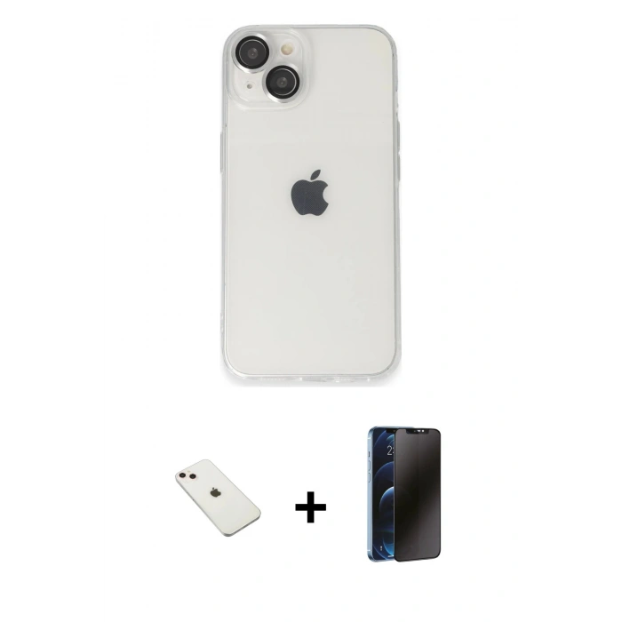 MARSİLYAN™- iPhone 14 Kılıf Ufuk Minimal Özel Seri - Siyah 3D Antistatik Hayalet Cam Ekran Koruyucu + Diamond Kamera Lens - PE