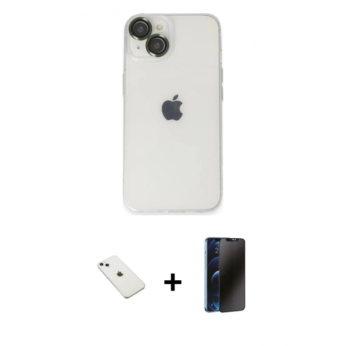 MARSİLYAN™- iPhone 14 Kılıf Ufuk Minimal Özel Seri - Siyah 3D Antistatik Hayalet Cam Ekran Koruyucu + Diamond Kamera Lens - SABE