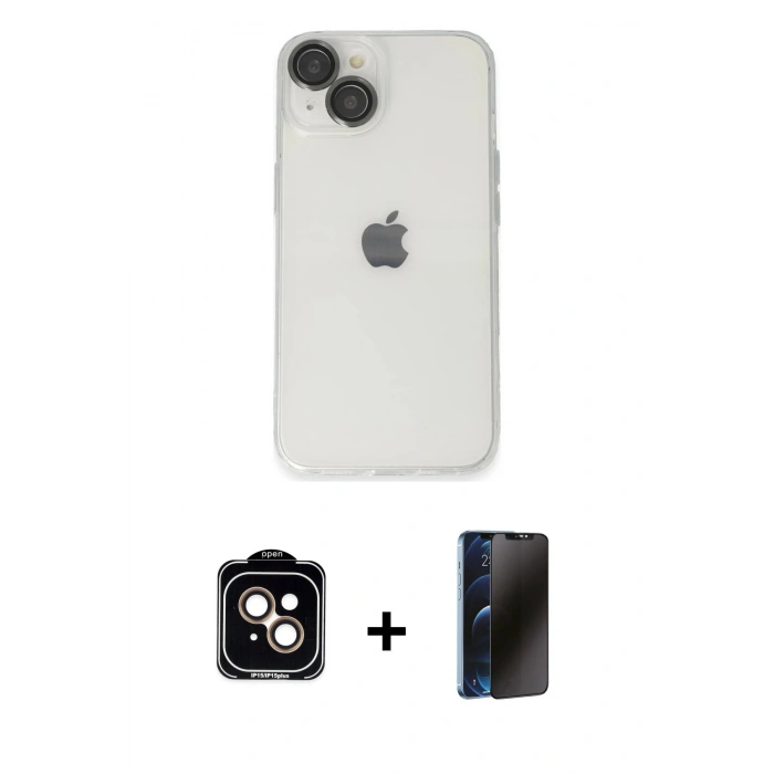 MARSİLYAN™- iPhone 14 Kılıf Ufuk Minimal Özel Seri - Siyah 3D Antistatik Hayalet Cam Ekran Koruyucu + PVD Metal Kamera Lens - TU