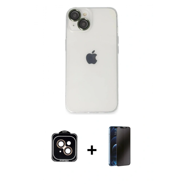 MARSİLYAN™- iPhone 14 Kılıf Ufuk Minimal Özel Seri - Siyah 3D Antistatik Hayalet Cam Ekran Koruyucu + PVD Metal Kamera Lens - TU