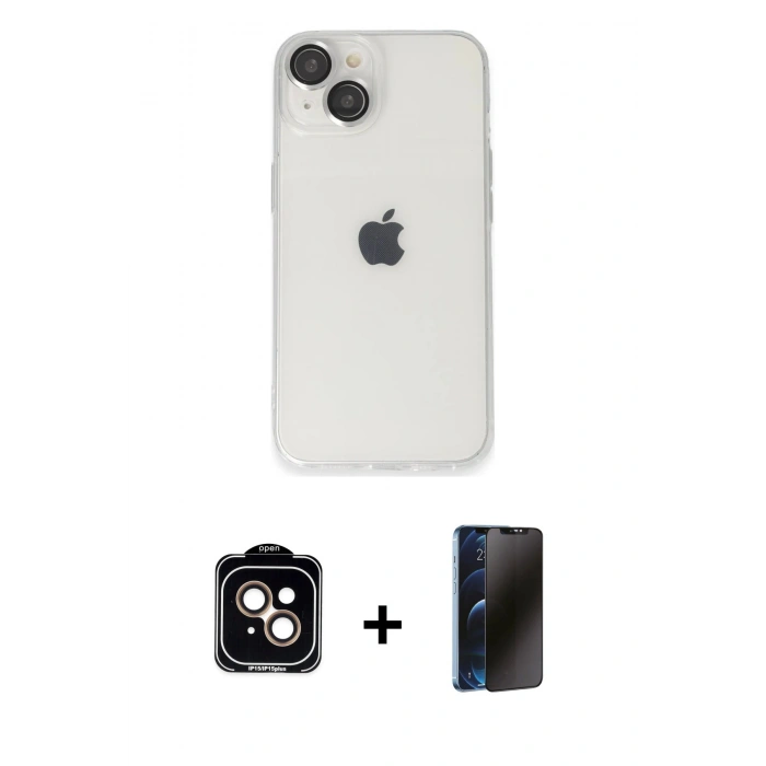 MARSİLYAN™- iPhone 14 Kılıf Ufuk Minimal Özel Seri - Siyah 3D Antistatik Hayalet Cam Ekran Koruyucu + PVD Metal Kamera Lens - TU