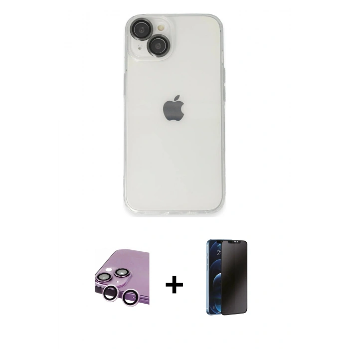MARSİLYAN™- iPhone 14 Kılıf Ufuk Minimal Özel Seri - Siyah 3D Antistatik Hayalet Cam Ekran Koruyucu + Raze Metal Kamera Lens - MR