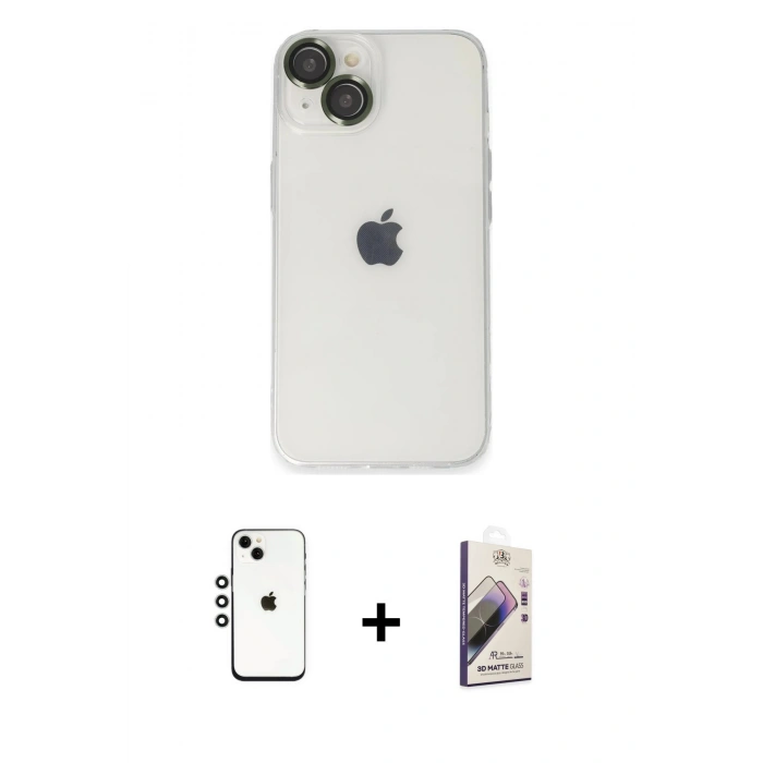 MARSİLYAN™- iPhone 14 Kılıf Ufuk Minimal Özel Seri - Siyah Bilvis 3D Mat Cam Ekran Koruyucu + Shine Kamera Lens - GS