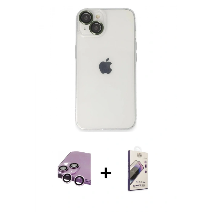 MARSİLYAN™- iPhone 14 Kılıf Ufuk Minimal Özel Seri - Siyah Bilvis 3D Mat Cam Ekran Koruyucu + Raze Metal Kamera Lens - MR