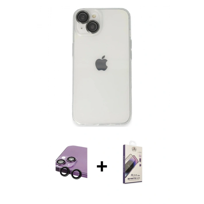 MARSİLYAN™- iPhone 14 Kılıf Ufuk Minimal Özel Seri - Siyah Bilvis 3D Mat Cam Ekran Koruyucu + Raze Metal Kamera Lens - SH