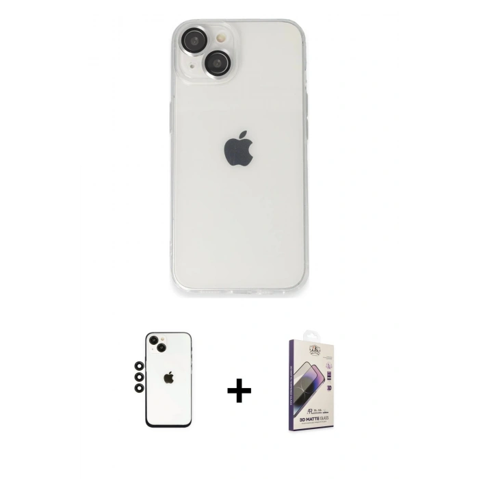 MARSİLYAN™- iPhone 14 Kılıf Ufuk Minimal Özel Seri - Siyah Bilvis 3D Mat Cam Ekran Koruyucu + Shine Kamera Lens - SH