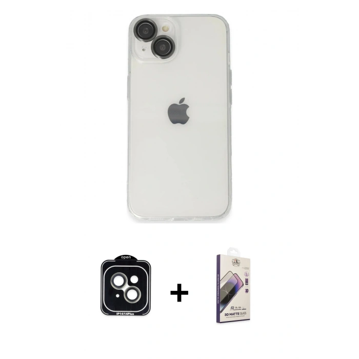 MARSİLYAN™- iPhone 14 Kılıf Ufuk Minimal Özel Seri - Siyah Bilvis 3D Mat Cam Ekran Koruyucu + PVD Metal Kamera Lens - YL