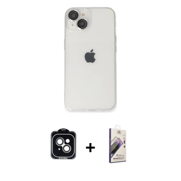 MARSİLYAN™- iPhone 14 Kılıf Ufuk Minimal Özel Seri - Siyah Bilvis 3D Mat Cam Ekran Koruyucu + PVD Metal Kamera Lens - YL