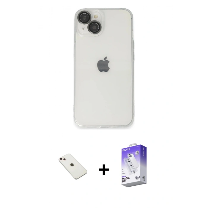 MARSİLYAN™- iPhone 14 Kılıf Ufuk Minimal Özel Seri - Siyah Bilvis 5in1 3D Magic Cam Ekran Koruyucu + Diamond Kamera Lens - PE