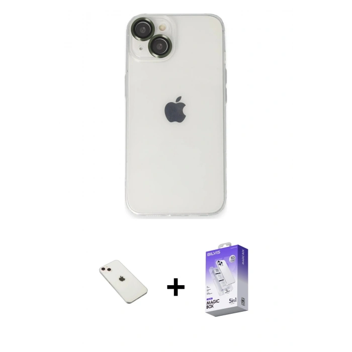 MARSİLYAN™- iPhone 14 Kılıf Ufuk Minimal Özel Seri - Siyah Bilvis 5in1 3D Magic Cam Ekran Koruyucu + Diamond Kamera Lens - PE